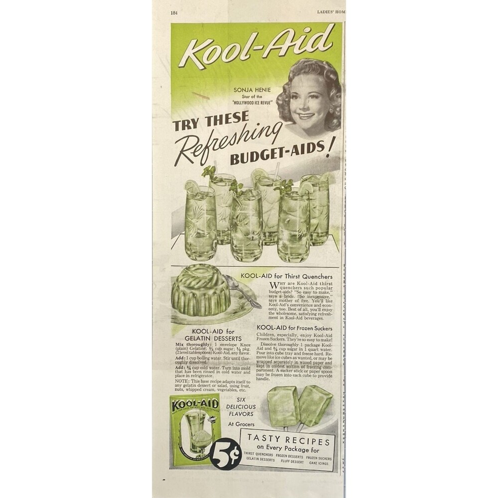 Kool-Aid Try these New Budget Aids Sonja Henie "Hollywood Ice Review" Ad 1950's